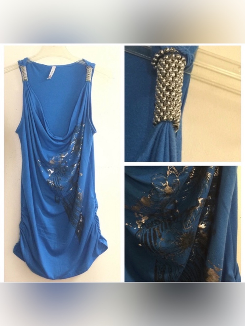 Voice Beaded Sparkly Blue Sleeveless Ruched Top Tunic M